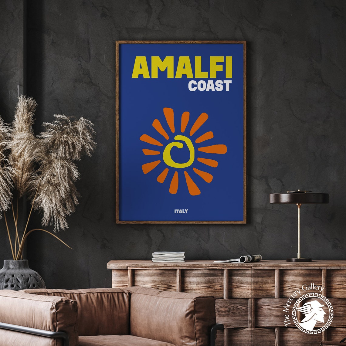 Amalfi Coast Italy Bold Blue Orange Sun Minimalist Travel Poster - Image 3