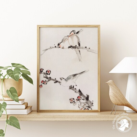 Japanese Ink Birds Perched On Blossoming Branch Delicate Watercolor Print