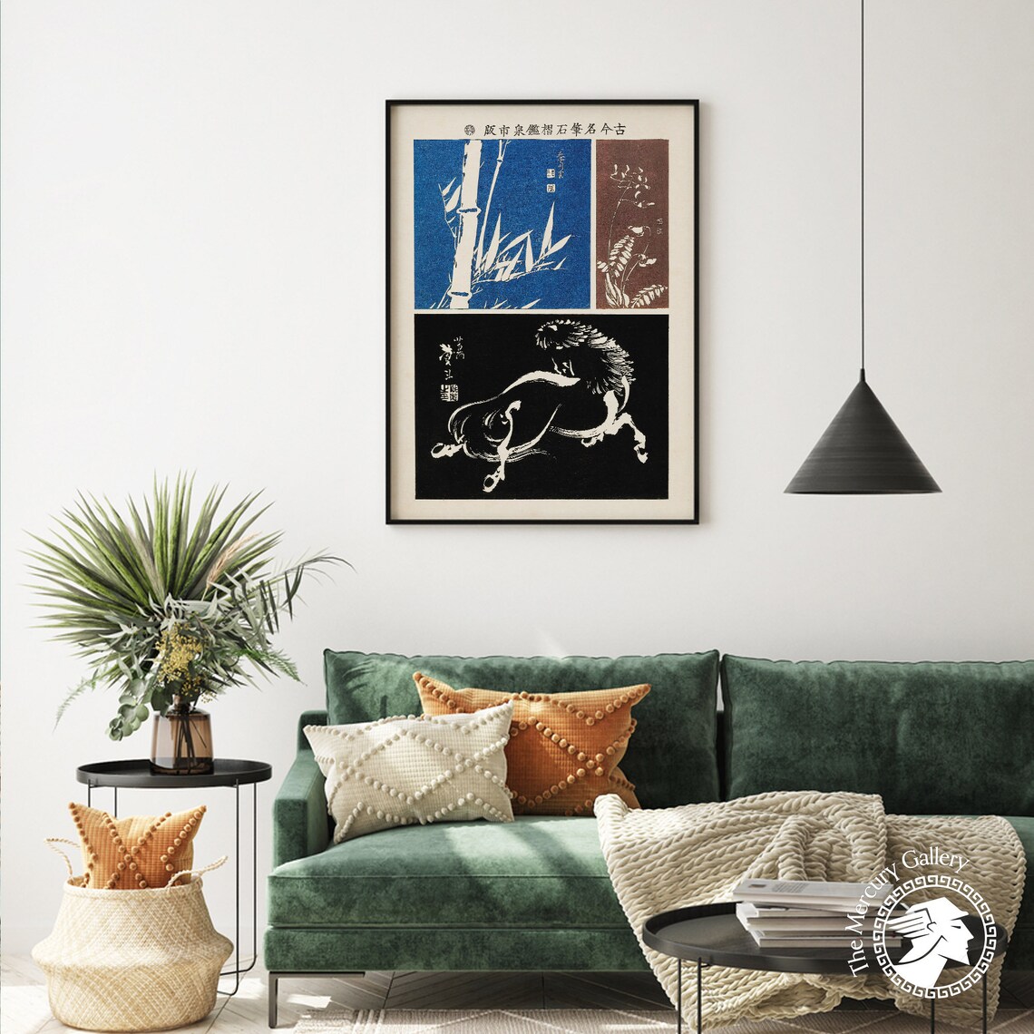 Japanese Woodblock Trio Blue Bamboo Floral And Horse Panel Art Poster - Image 4