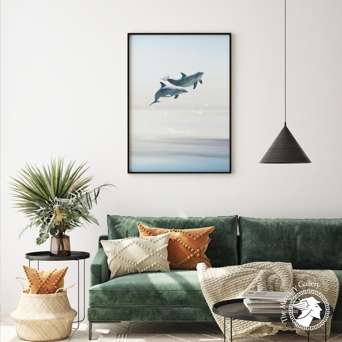 Two Dolphins Leaping Over Calm Ocean Serene Coastal Nursery Wall Print - Image 4