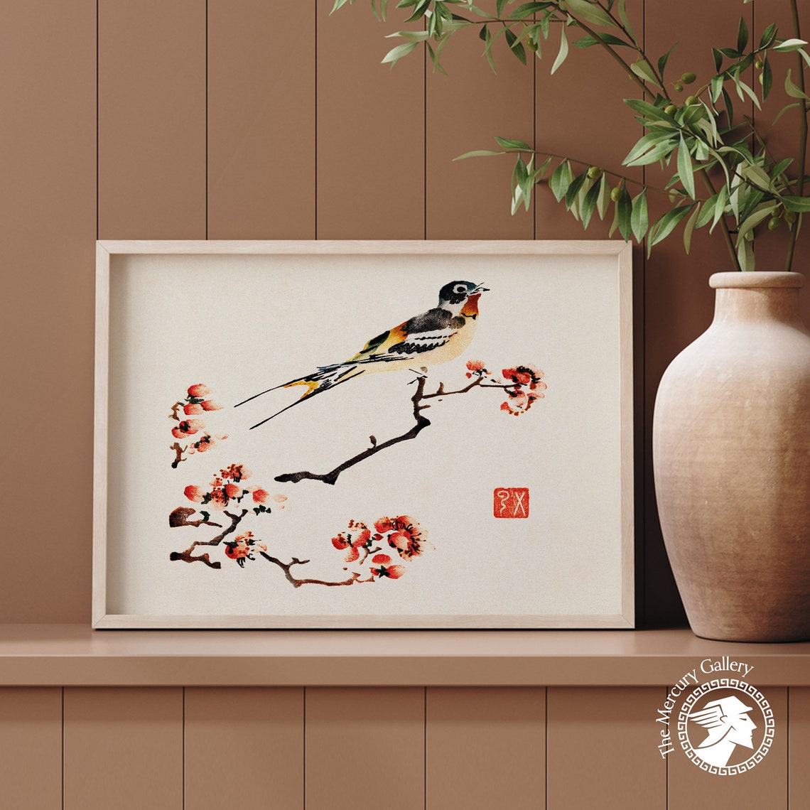 Swallow Perched On Blossoming Branch Vintage Japanese Bird Art Poster