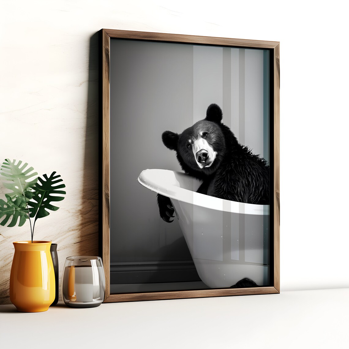 Black Bear Sitting In Clawfoot Bathtub Black And White Funny Poster - Image 2