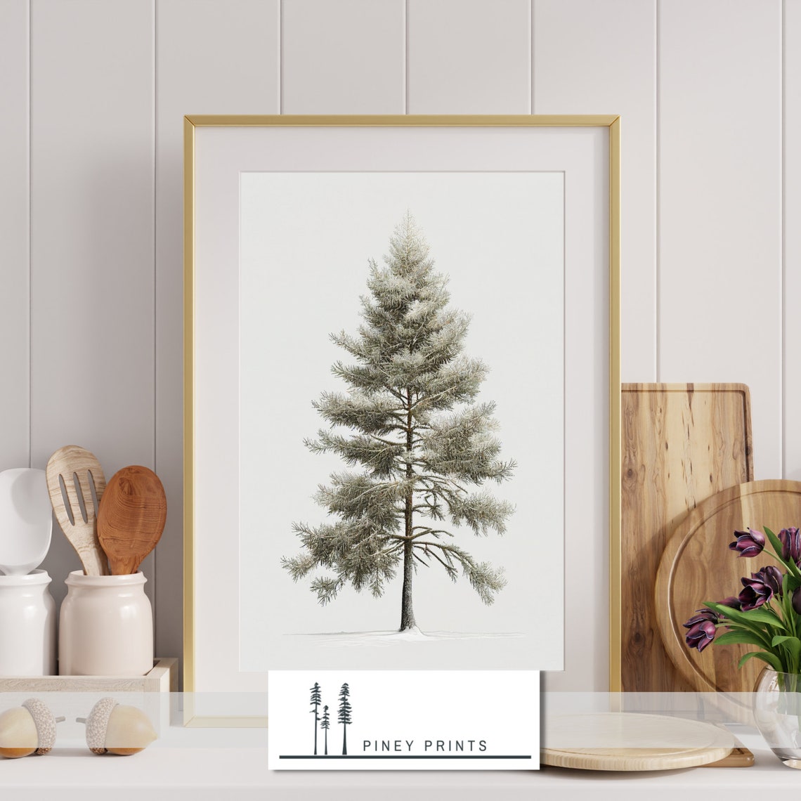 Snowy Pine Tree Minimalist Winter Botanical Single Tree Art Poster - Image 2