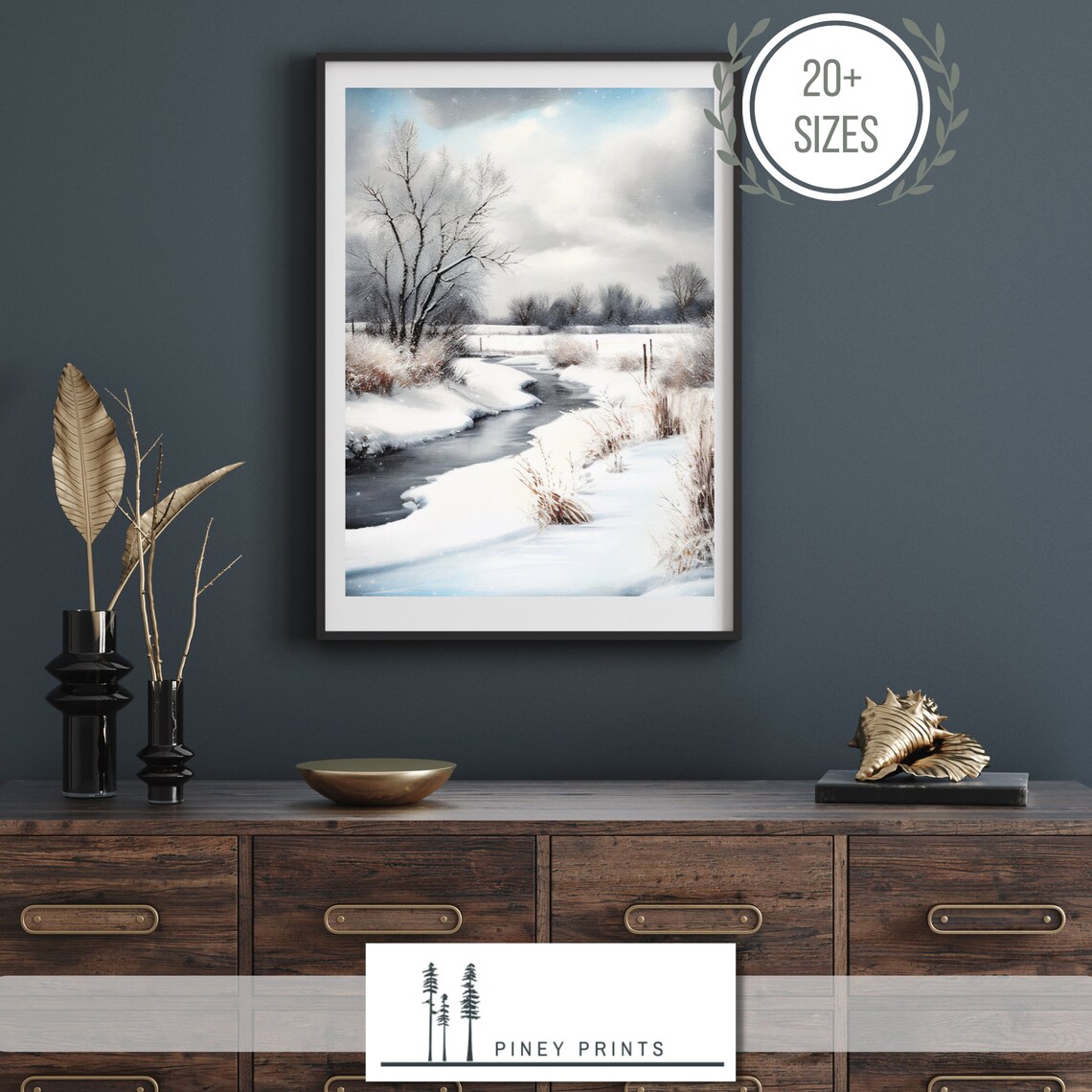 Snowy Winter Creek Winding Stream Snowfield Watercolor Art Poster - Image 2