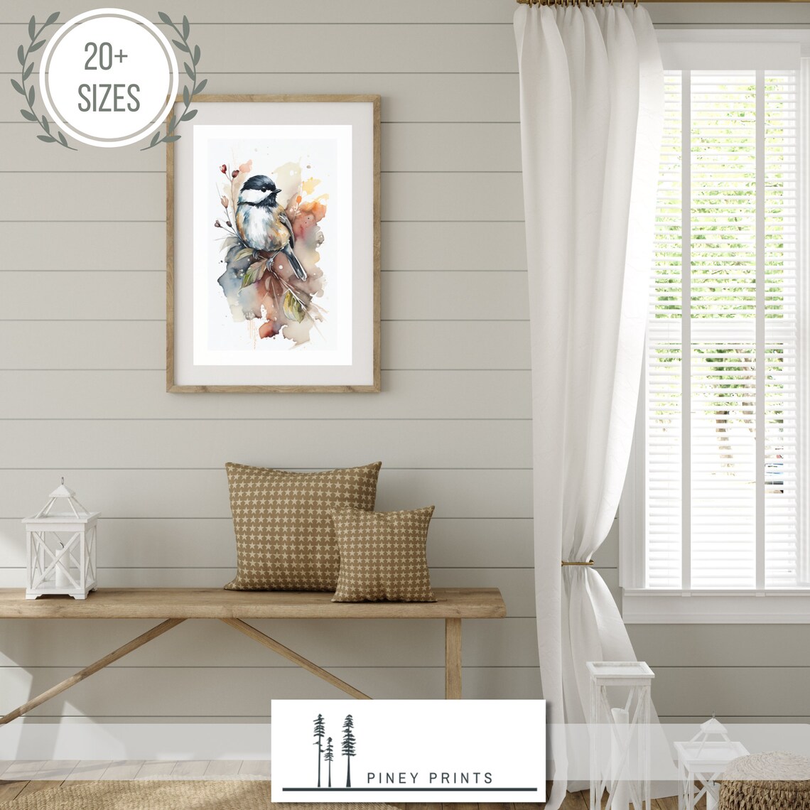Watercolor Chickadee on Branch Autumn Songbird Floral Art Painting Poster - Image 2