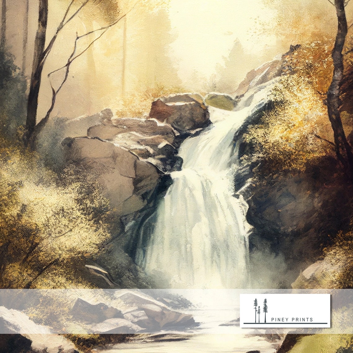 Forest Waterfall Watercolor Painting Rocky Stream Nature Poster - Image 2