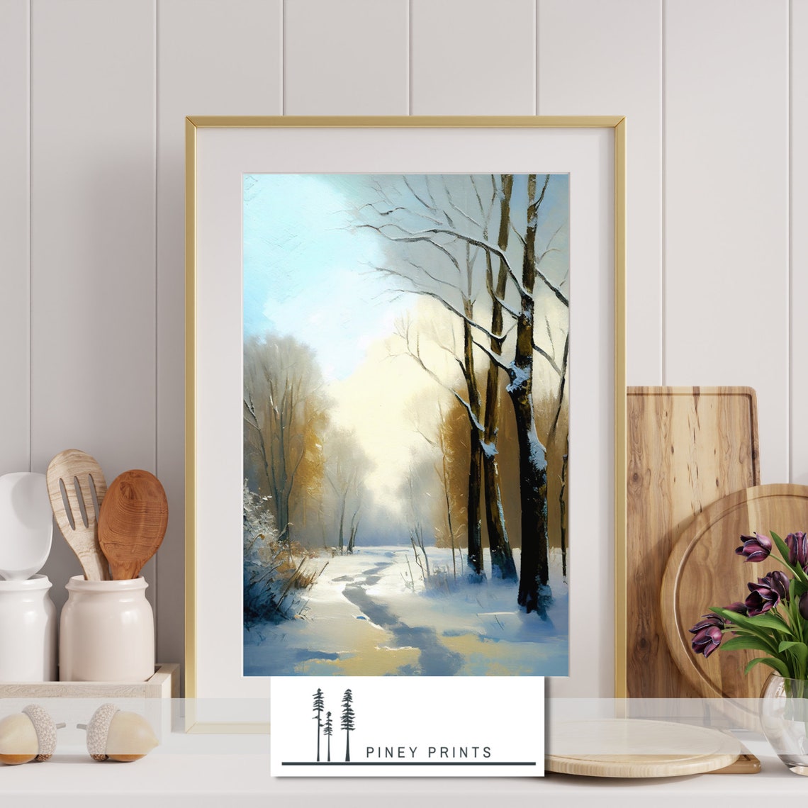 Snowy Winter Forest Path Sunlit Trees Oil Painting Art Poster - Image 3