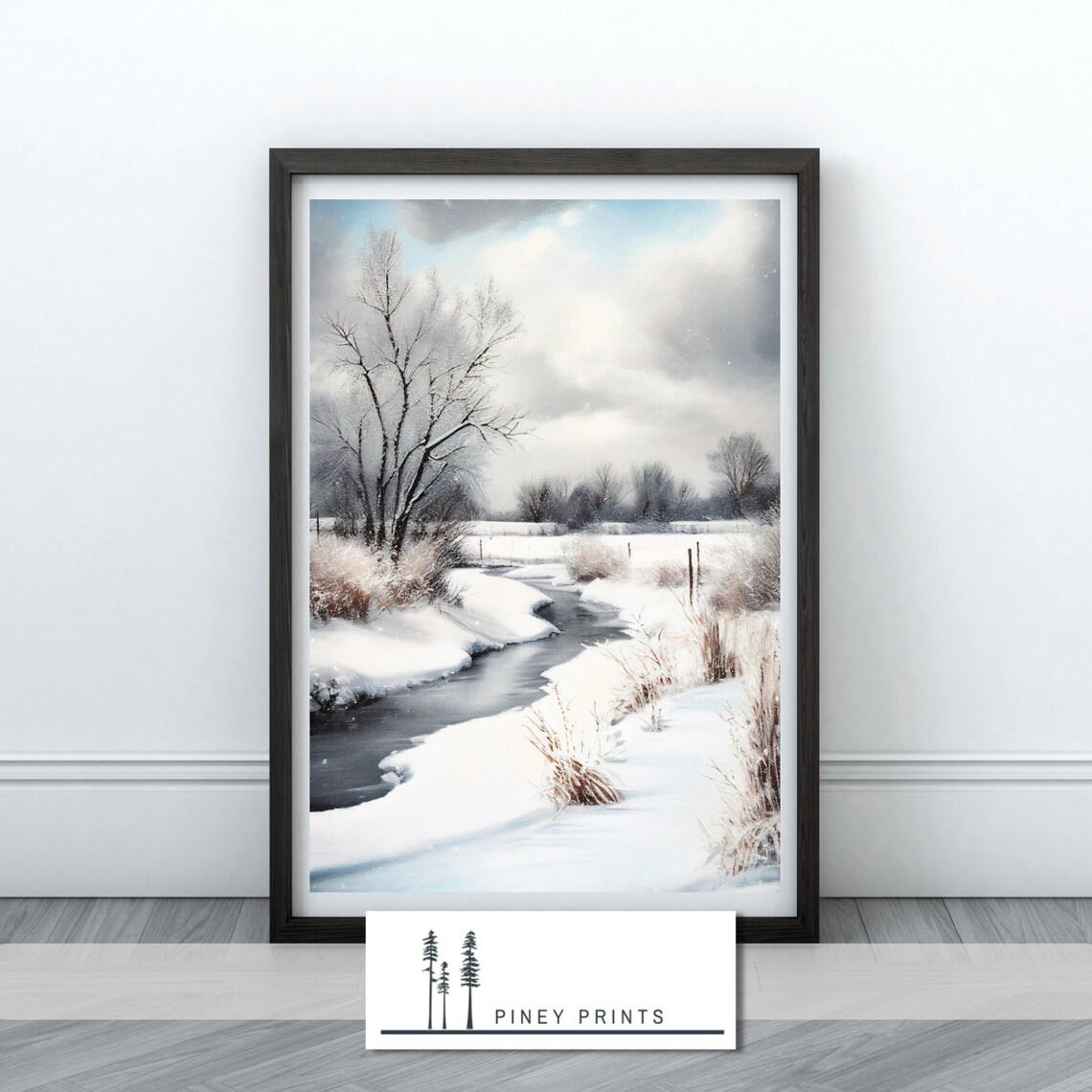 Snowy Winter Creek Winding Stream Snowfield Watercolor Art Poster - Image 3