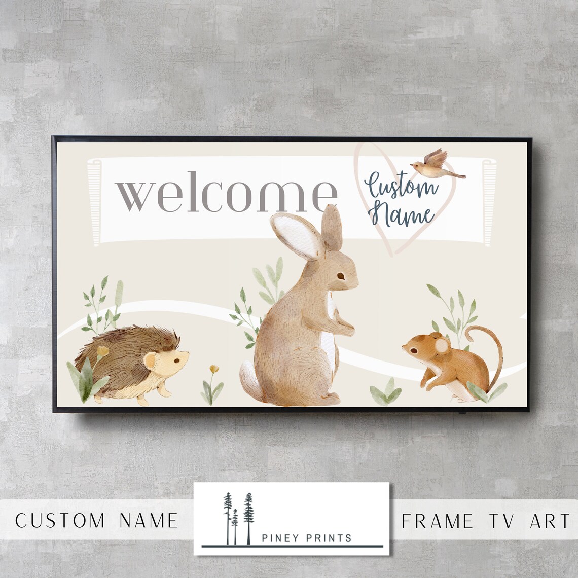 Welcome Custom Name Frame TV Art Baby Woodland Hedgehog Bunny Print - Image 4