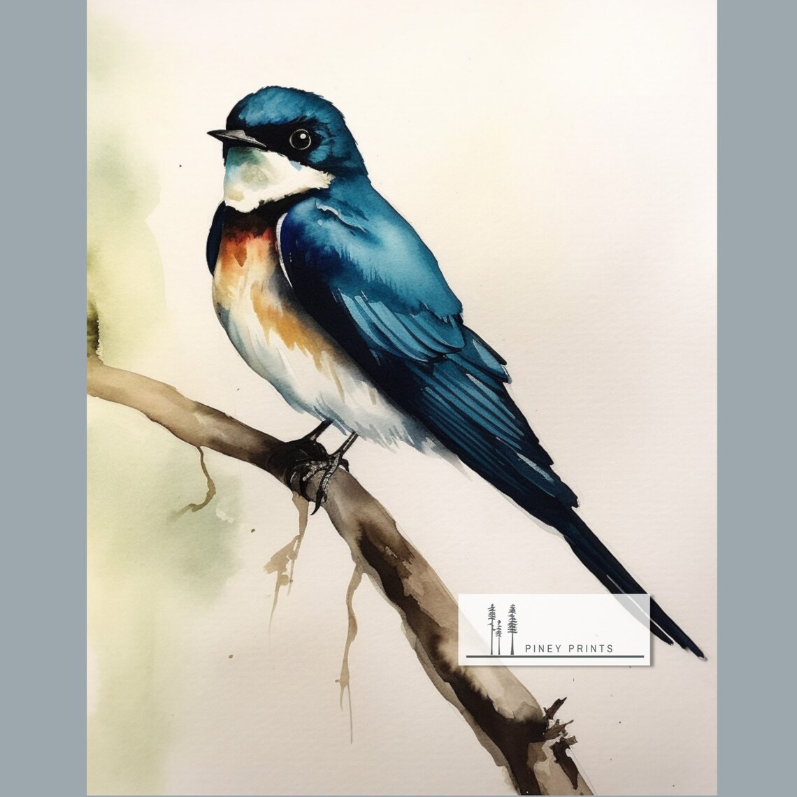 Blue Swallow Watercolor Painting Perched On Branch Bird Art Print - Image 2