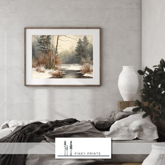 Snowy Winter Forest River Impressionist Cold Landscape Wall Poster