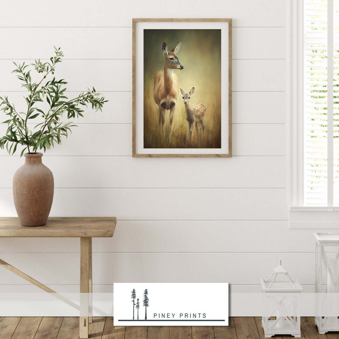 Doe with Fawn in Golden Field Tender Woodland Wildlife Painting Poster - Image 4