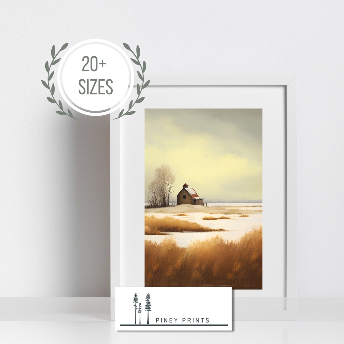 Snowy Cabin Winter Field Golden Grass Landscape Painting Poster - Image 2