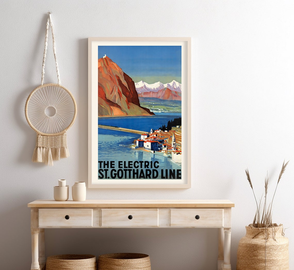 St Gotthard Line Lake Village Red Cliff Vintage Rail Travel Poster - Image 4