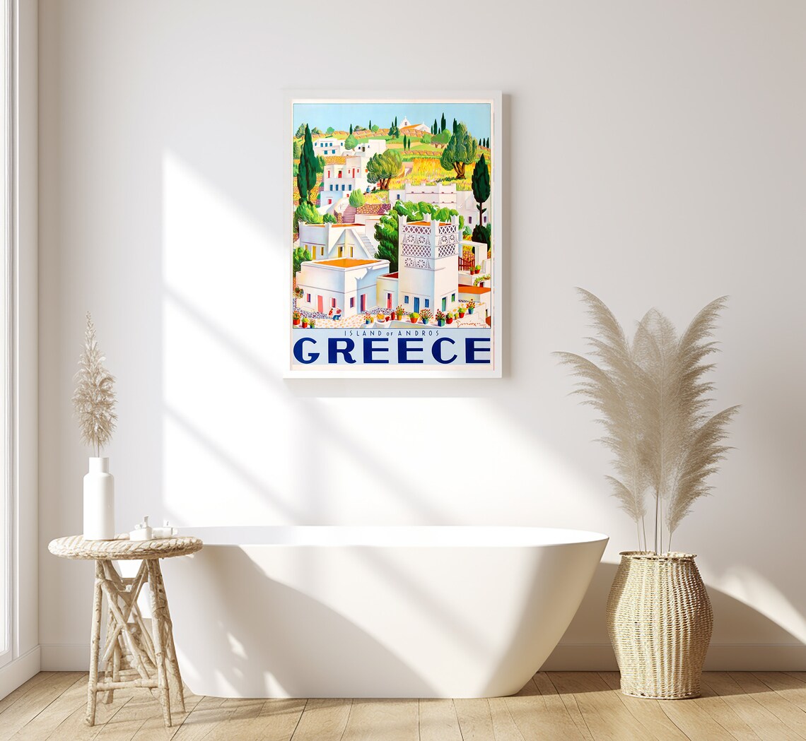 Island Of Andros Greece Whitewashed Hillside Village Travel Poster - Image 3