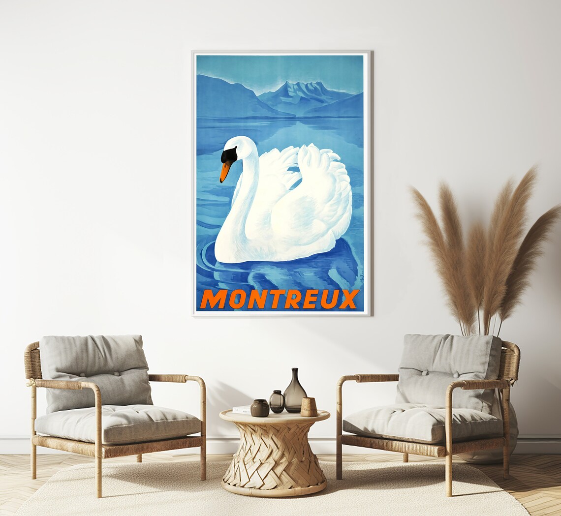 Montreux Switzerland Swan Lake Geneva Alps Blue Vintage Travel Poster - Image 3