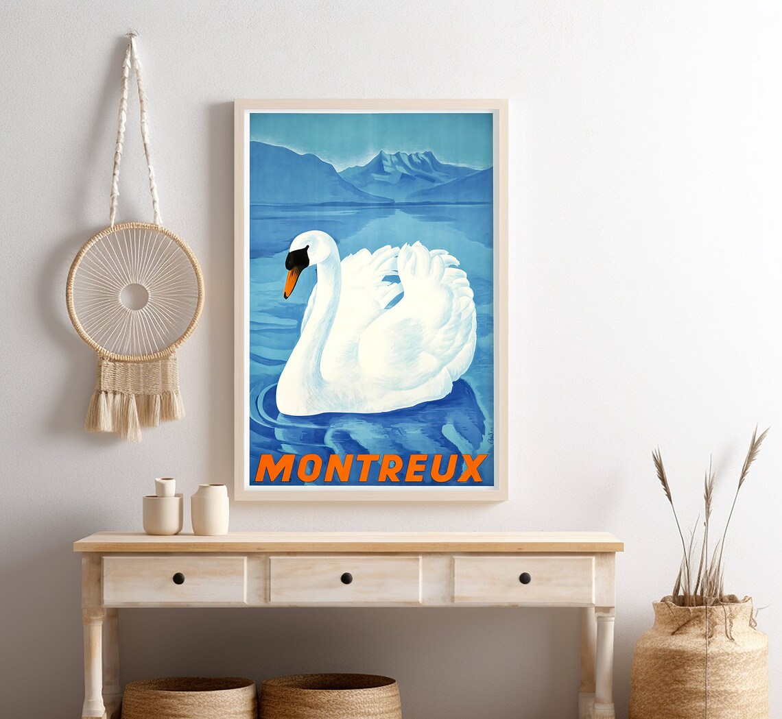 Montreux Switzerland Swan Lake Geneva Alps Blue Vintage Travel Poster - Image 4