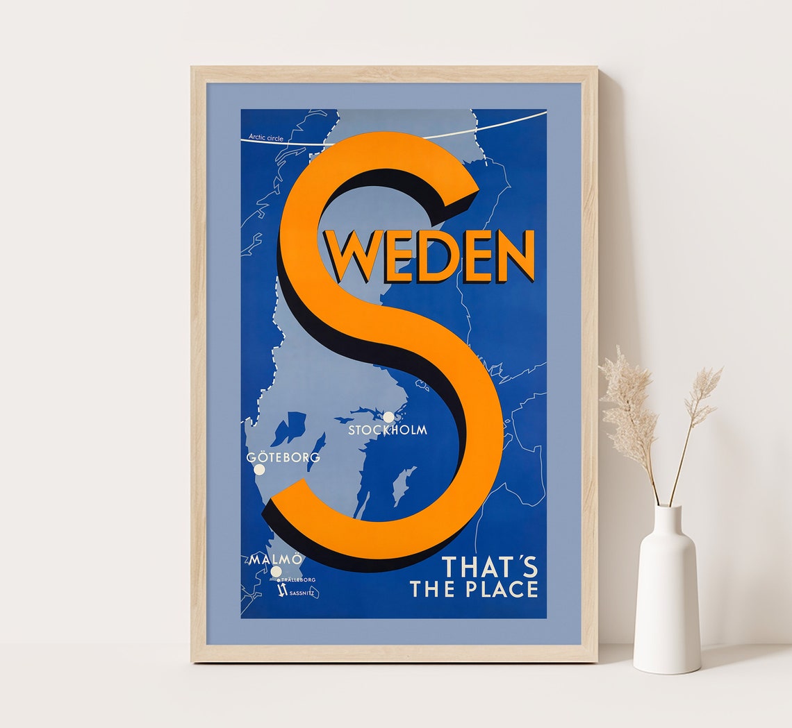 Sweden Giant Orange Letter S Scandinavia Map Vintage Travel Print