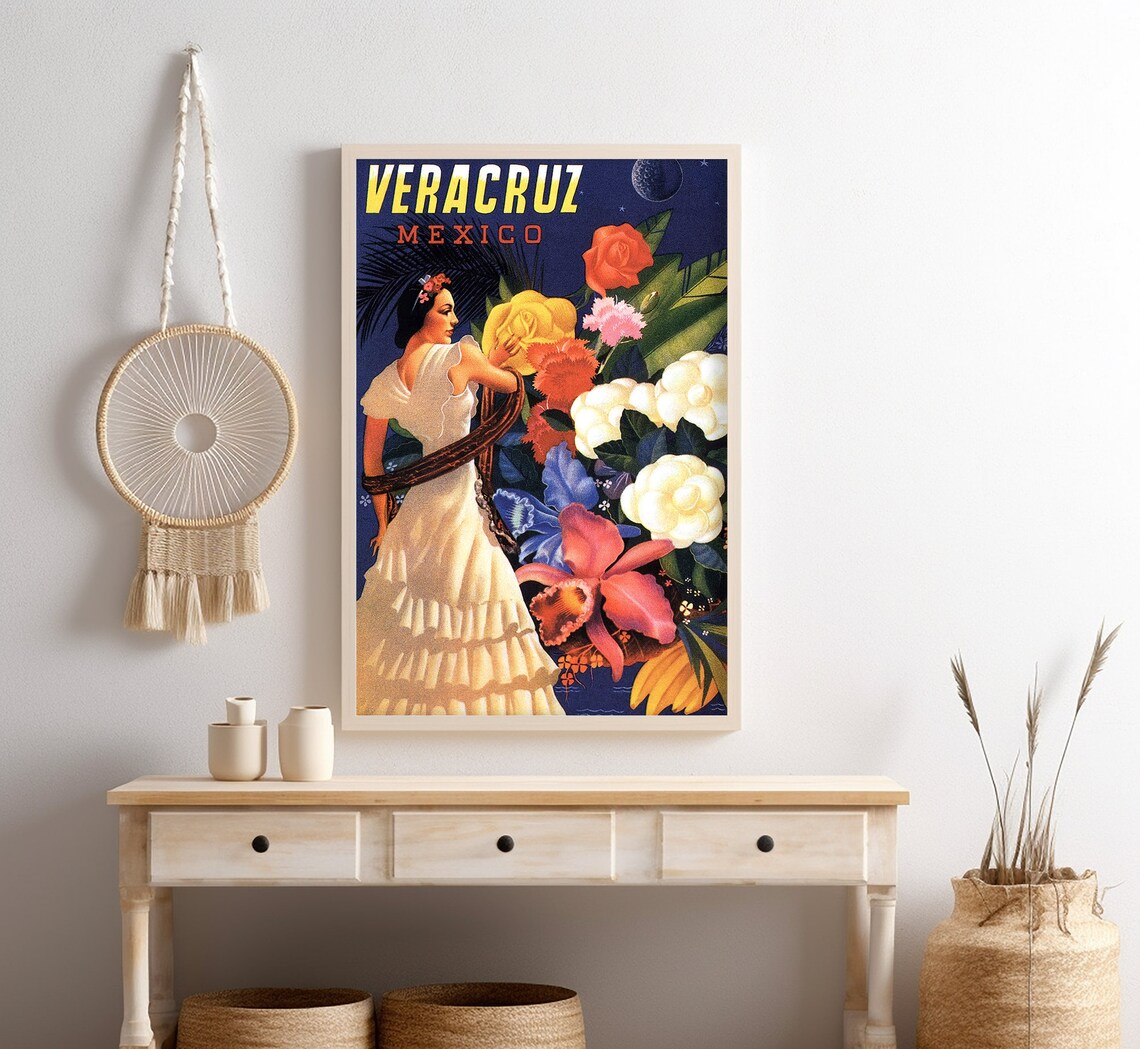 Veracruz Mexico Woman White Dress Night Flowers Vintage Travel Poster - Image 4