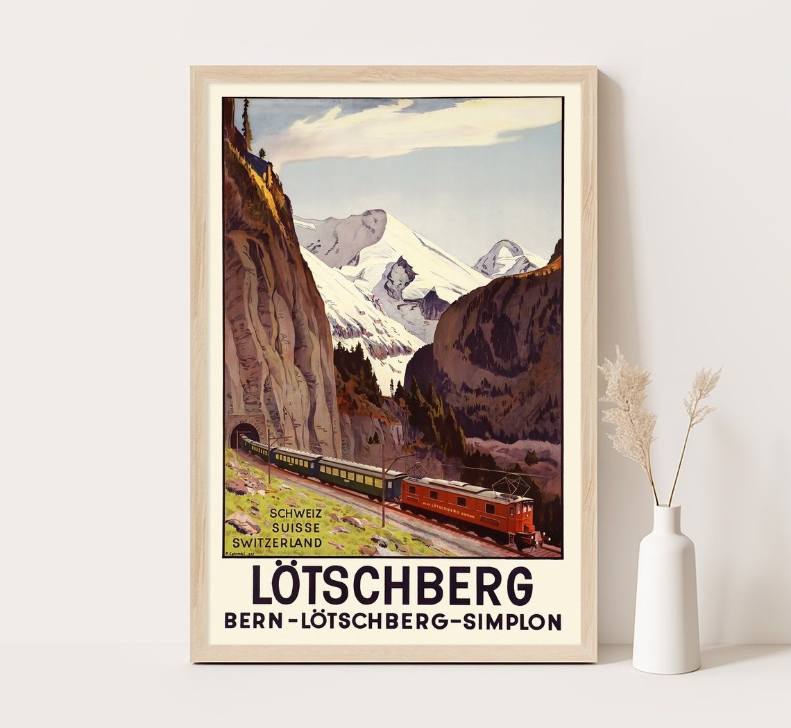 Lotschberg Bern Simplon Swiss Alps Train Mountain Pass Vintage Poster