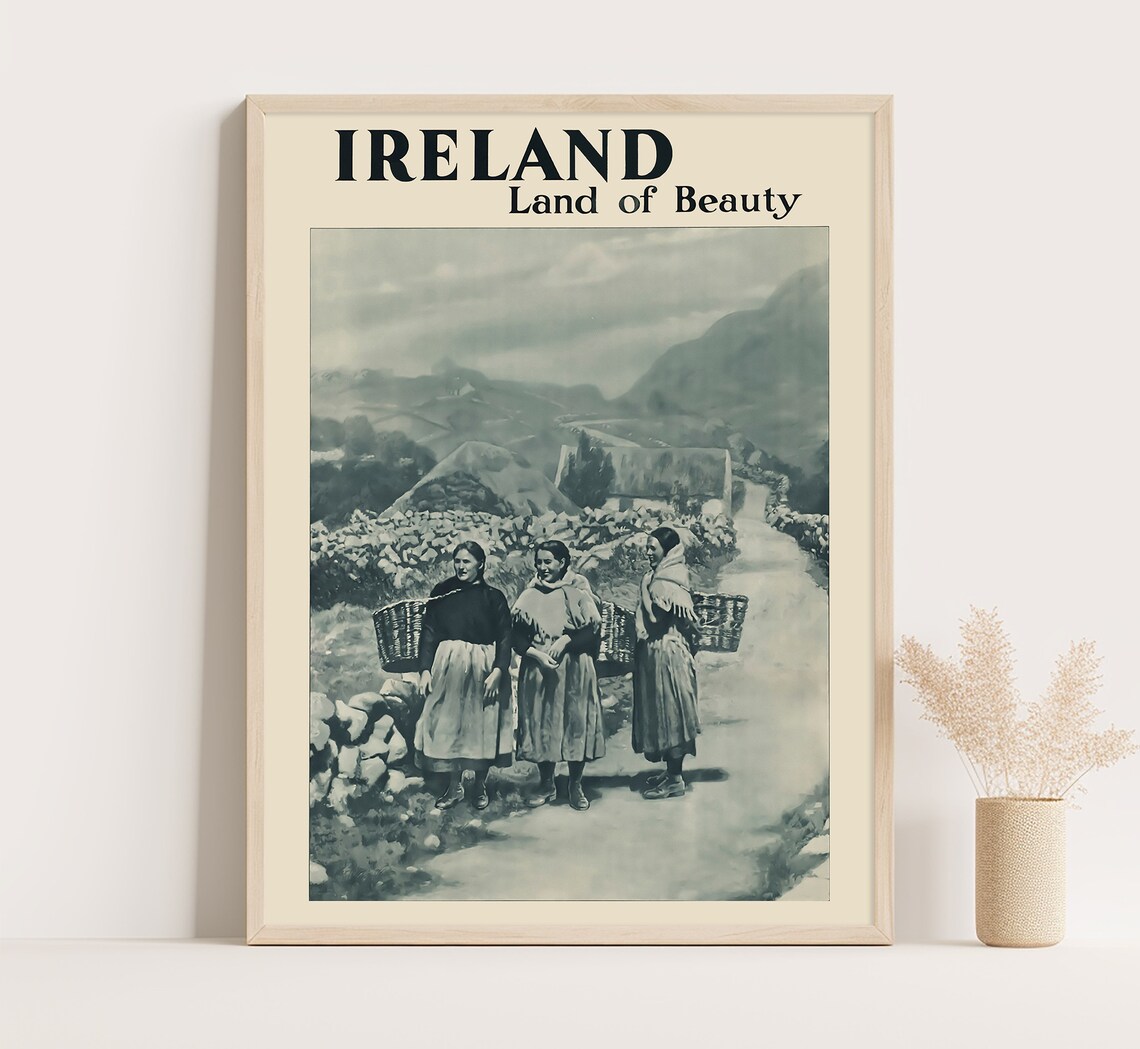 Ireland Land Of Beauty Rural Lane Stone Walls Vintage Travel Poster