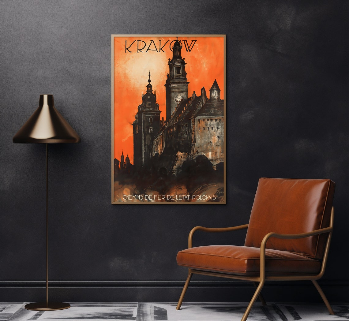 Krakow Poland Wawel Castle Sunset Silhouette Vintage Travel Poster - Image 2