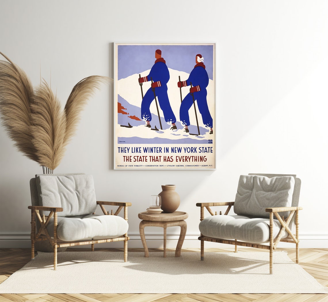 New York State Winter Skiers Deco Retro Ski Scene Travel Poster - Image 3