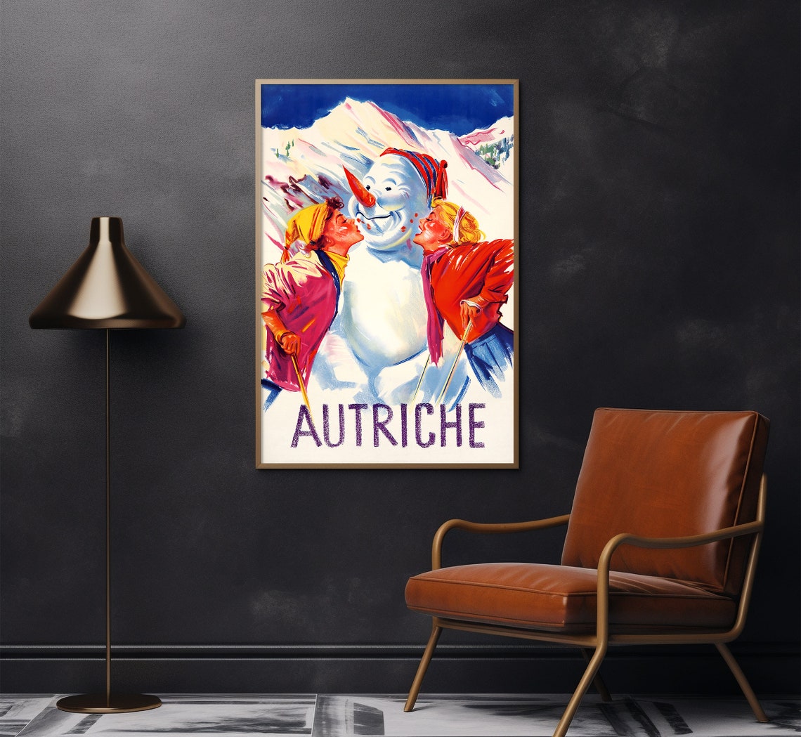 Autriche Austria Snowman Ski Children Alpine Winter Vintage Poster - Image 2