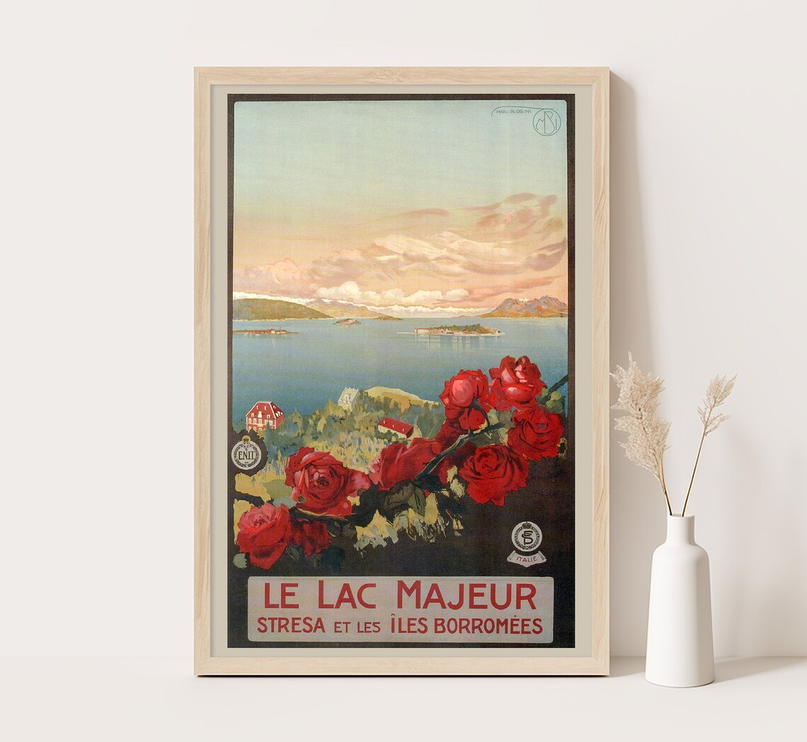 Le Lac Majeur Stresa Borromean Islands Italy Red Roses Travel Poster