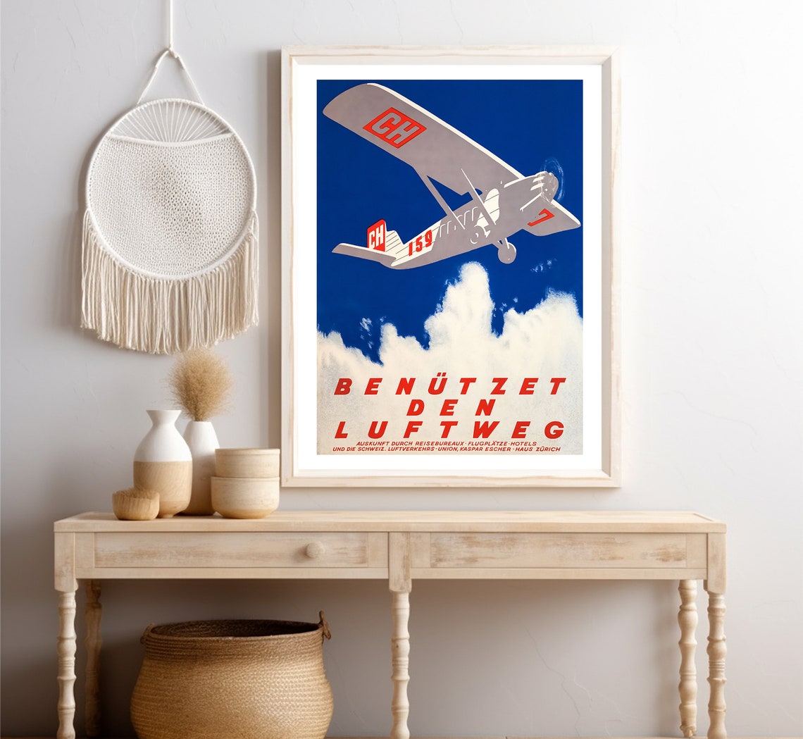 Benutzet Den Luftweg Swiss Airplane Clouds Red Blue Travel Poster - Image 4