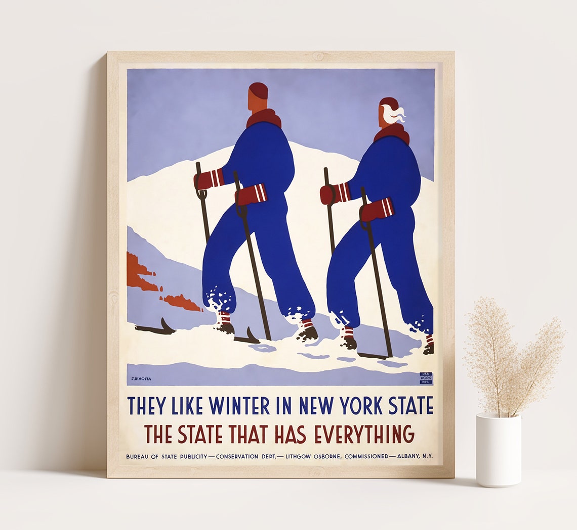 New York State Winter Skiers Deco Retro Ski Scene Travel Poster