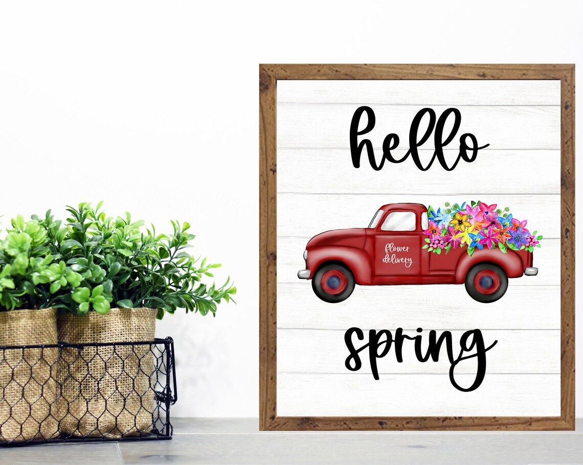 Hello Spring Red Vintage Truck Flower Delivery Farmhouse Poster