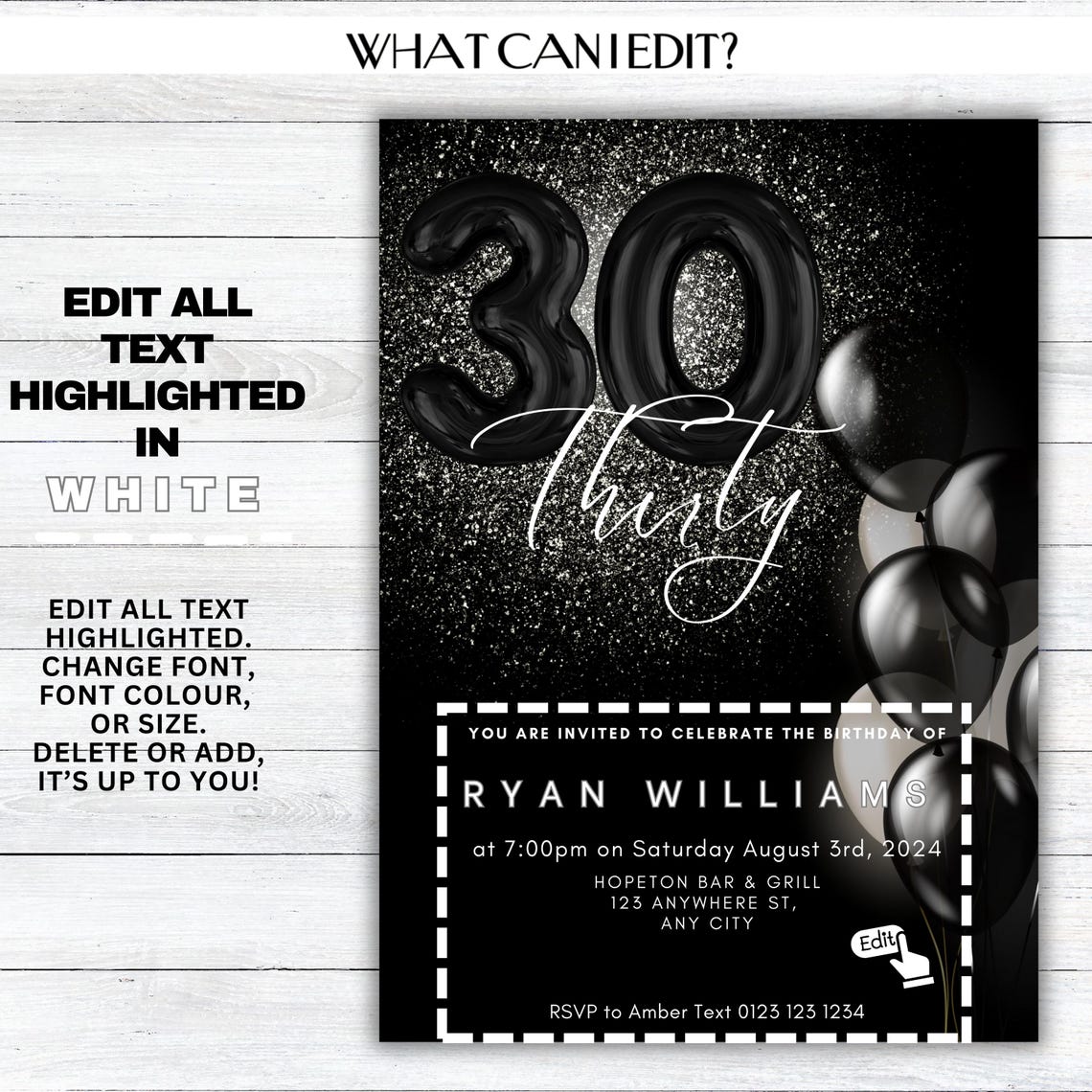 Personalized Black Glitter 30th Birthday Invitation Template Poster - Image 3