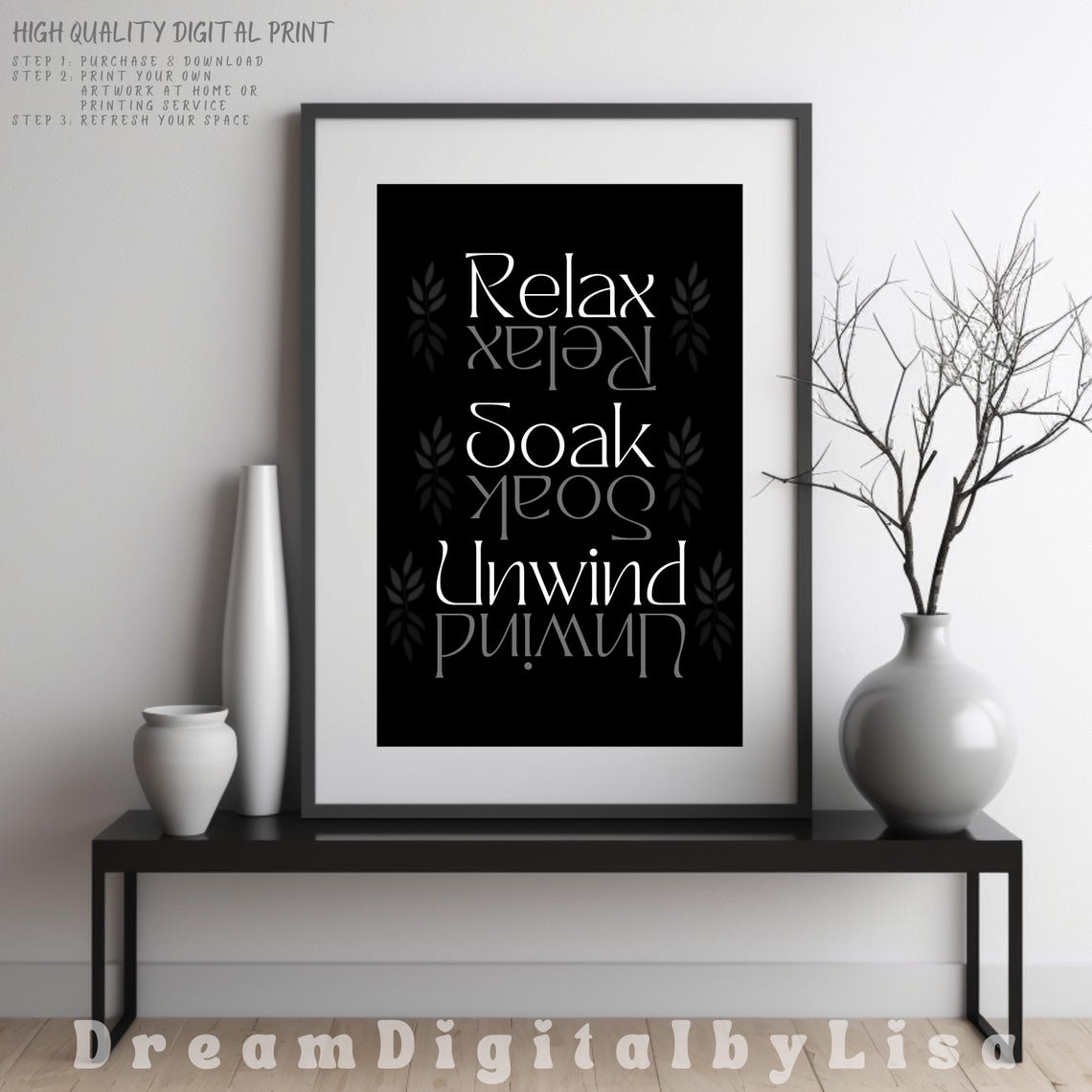 Relax Soak Unwind Black Bathroom Wall Decor Typography Poster - Image 3