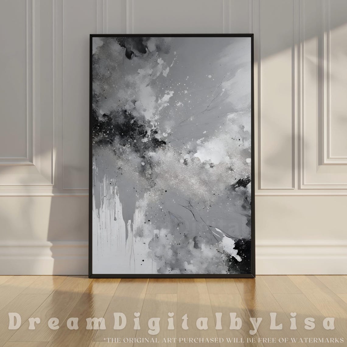 Abstract Grey Black and White Ink Splash Modern Watercolor Art Poster