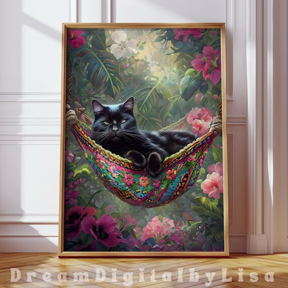 Black Cat In Hammock, Maximalist Floral Poster