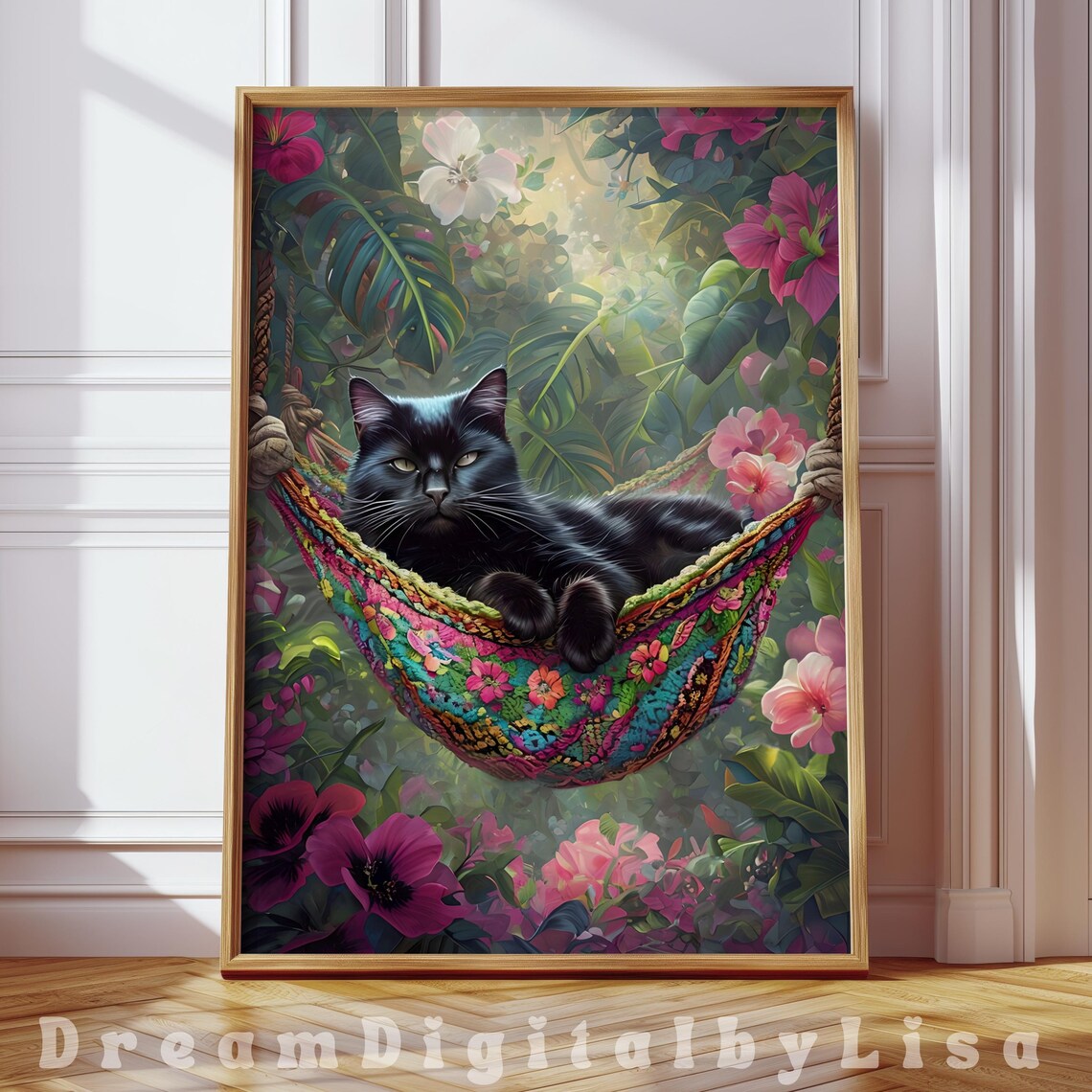 Black Cat In Hammock, Maximalist Floral Poster