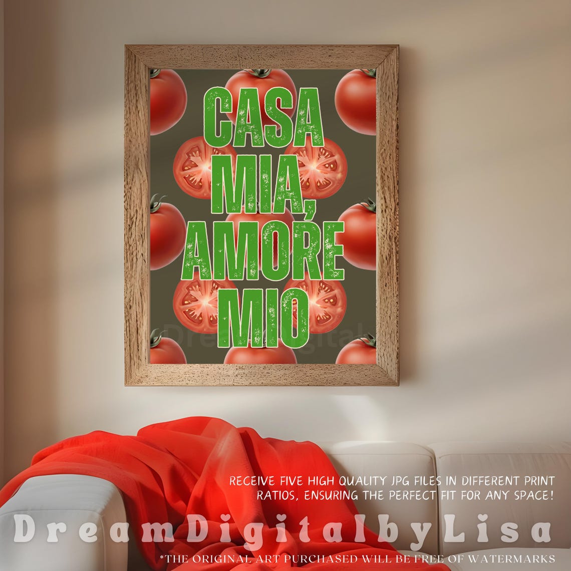 Casa Mia Amore Mio Green Text on Tomato Pattern Kitchen Art Poster - Image 4