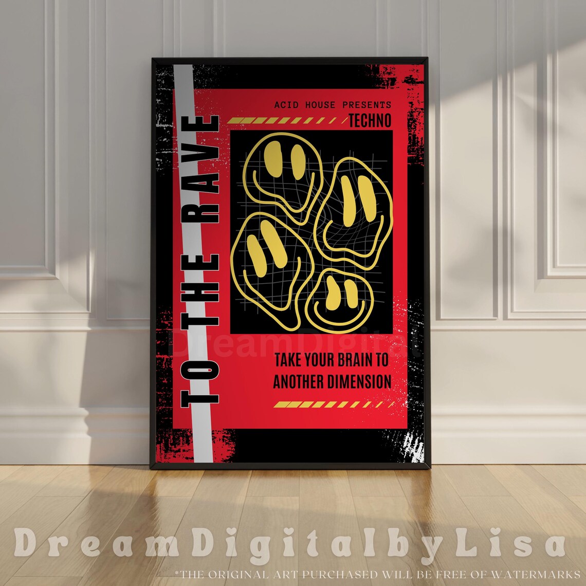 To The Rave Acid House Techno Poster Melting Smiley 90s Club Art