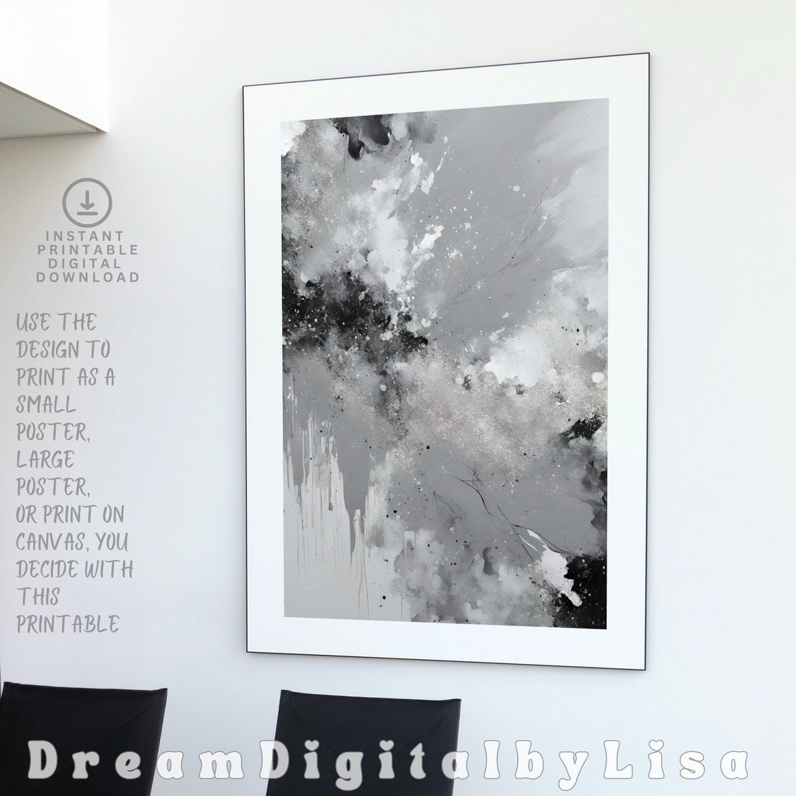 Abstract Grey Black and White Ink Splash Modern Watercolor Art Poster - Image 2