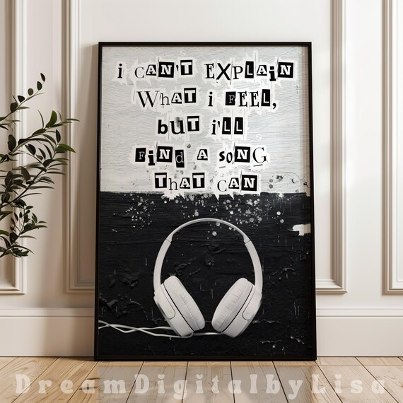 Black and White Music Quote Typography Poster with Headphones Art
