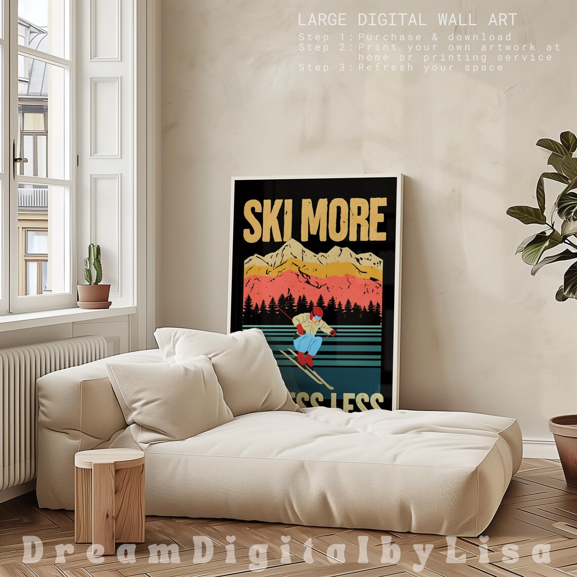 Ski More Stress Less Retro Poster, Vintage Skiing Quote - Image 2