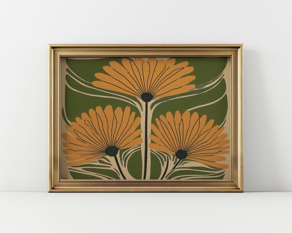 Art Deco Floral Wall Colorful Horizontal Landscape Orientation Artwork Abstract Trendy Boho Flower Prints Mcm Decor