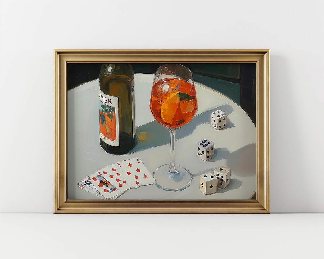Aperol Spritz Cocktail Bar Cart Still Life Oil Painting Dice Cards Art Print
