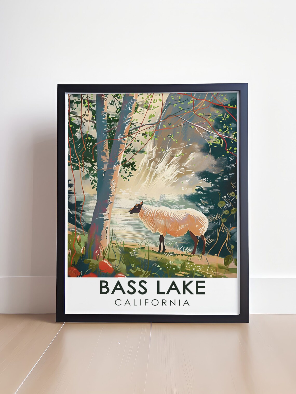 Bass Lake California Sheep Grazing at the Woodland Shore Poster - Image 4