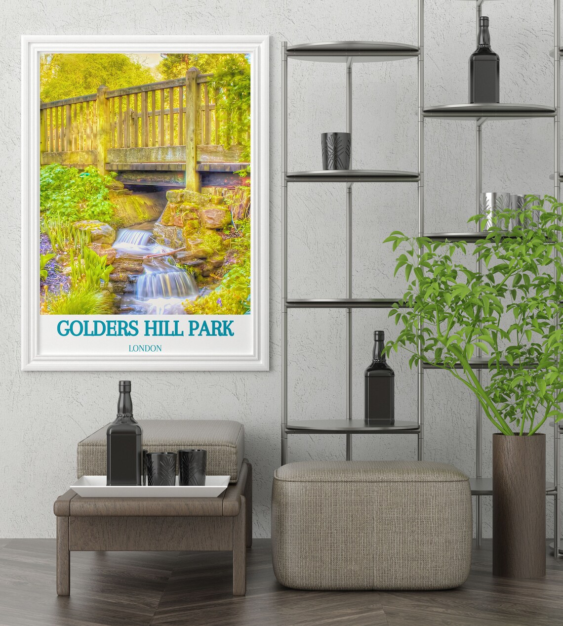 Golders Hill Park London Waterfall Bridge Lush Travel Poster - Image 3