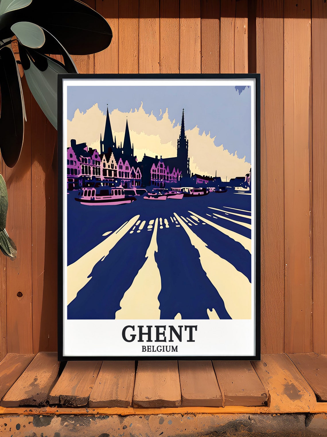 Ghent Belgium Graslei Harbor Boats Spires Evening Pop Art Poster - Image 2