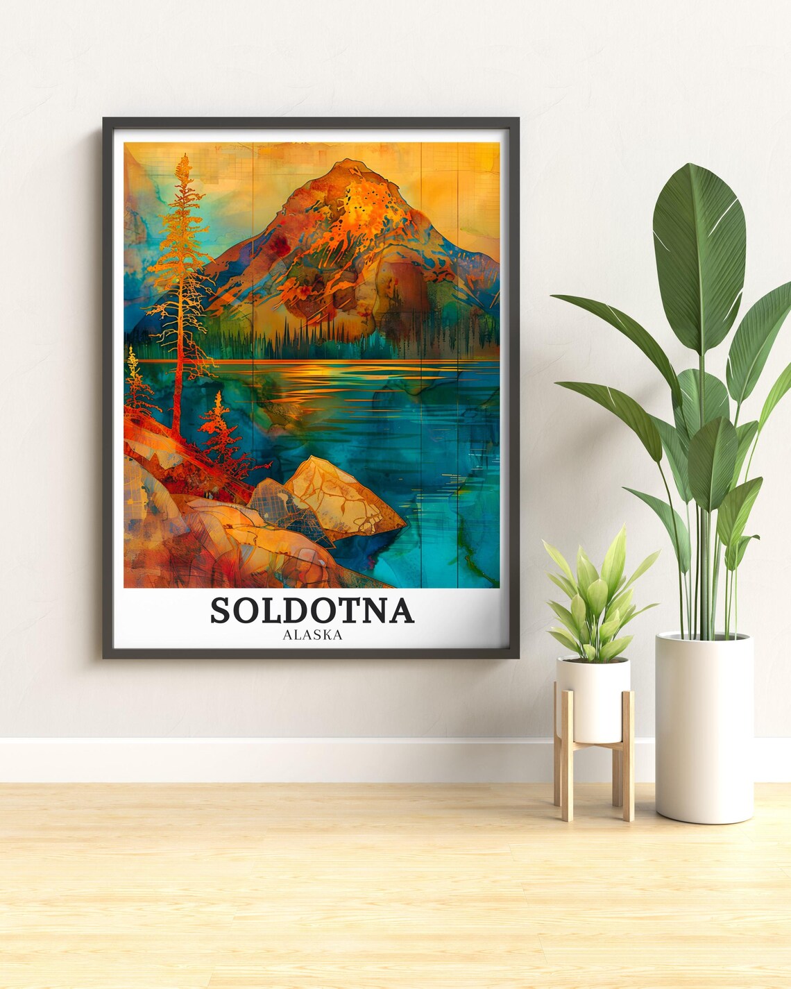 Soldotna Alaska Mountain Lake Pines Colorful Watercolor Travel Poster - Image 2