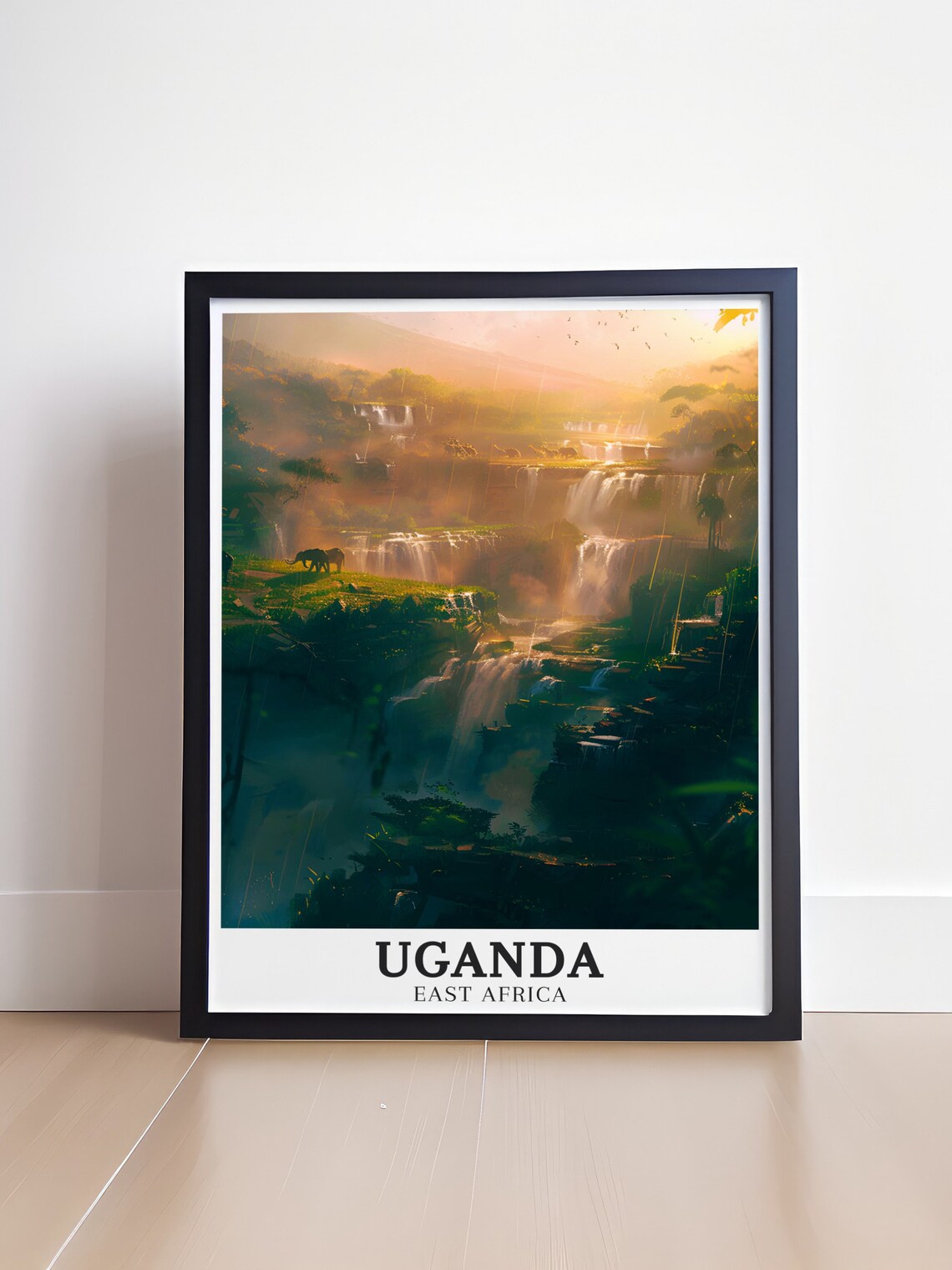 Uganda Waterfall Cascades With Elephants Golden Hour Africa Poster - Image 4