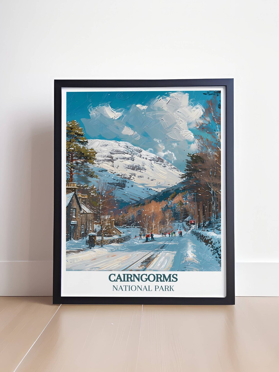 Cairngorms National Park Snowy Village and Skiers Winter Poster - Image 4
